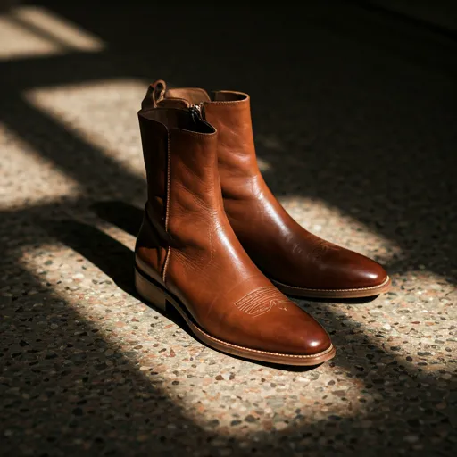 Botas de cuero artesanales sobre suelo de piedra bajo luz dramática — Moonarca.