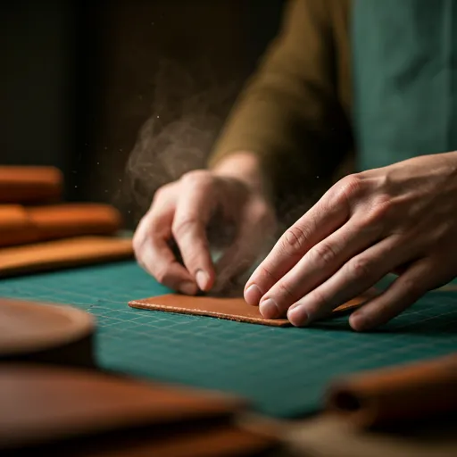 Manos trabajando cuero fino en un taller — la esencia hecha a mano de Moonarca.