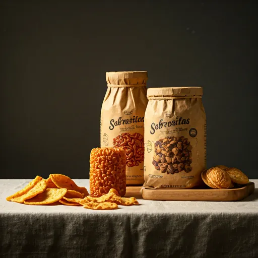 Primer plano editorial de snacks artesanales sobre mantel de lino — Sabrositas.