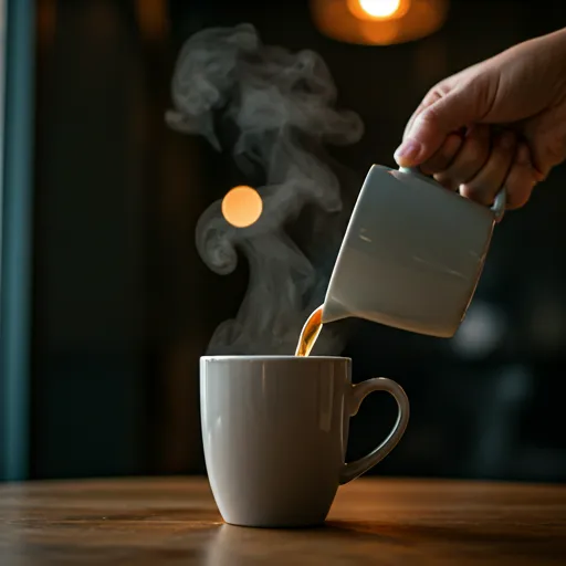 Manos sirviendo una bebida caliente en una taza de cerámica en un café acogedor.