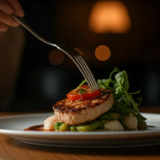 Plato emplatado en un restaurante de alta cocina con iluminación cálida y envolvente.